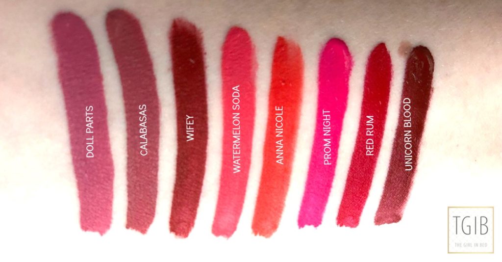 Jeffree Star Cosmetics Love Sick Mini Red & Pink Velour Liquid Lipstick Bundle swatches
