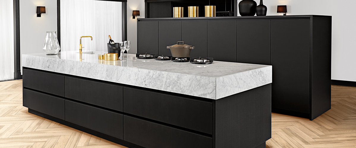 black and marble kitchen